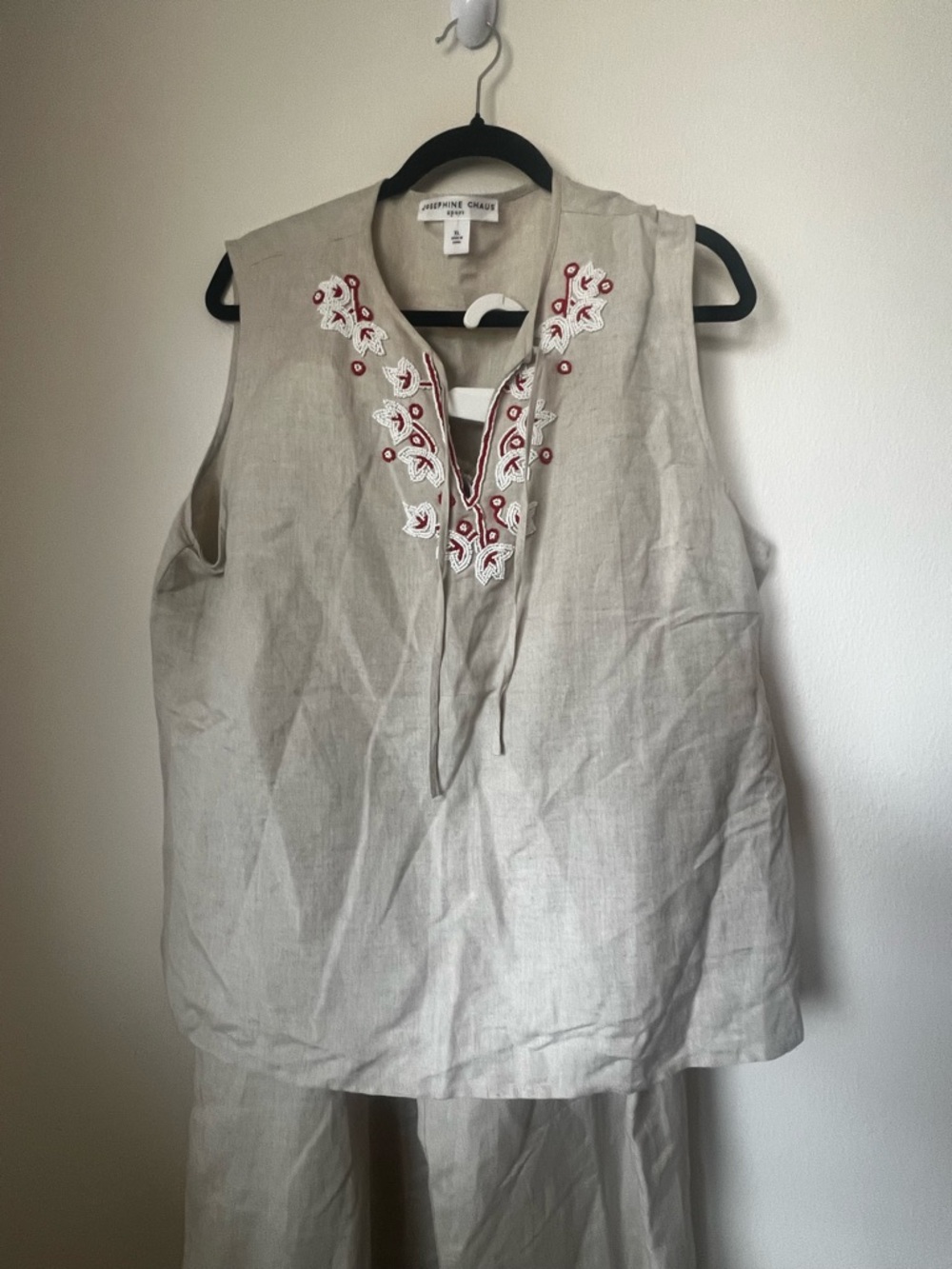 Josephine Chaus Beige Sleeveless Linen Tunic with Red & White Embroidery